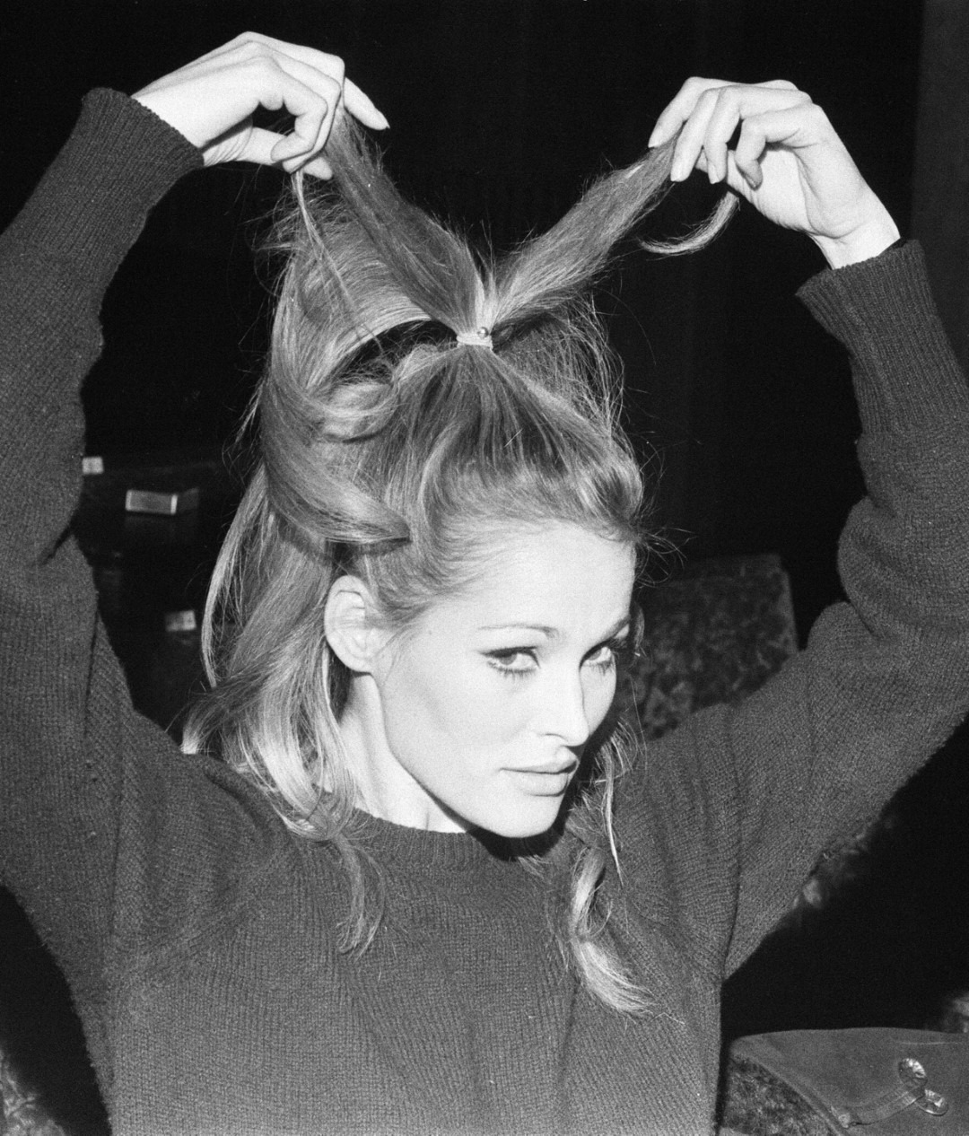 Rehearsals ahead of Royal Film Performance for Born Free, at The Odeon, Leicester Square, London, Sunday 13th March 1966, picture shows Ursula Andress pulls at her hair. (Photo by Arthur Sidey & Alistar Macdonald/Daily Mirror/Mirrorpix/Getty Images)