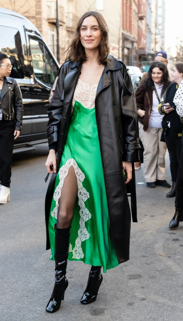 alexa chung in green slip dress and boots