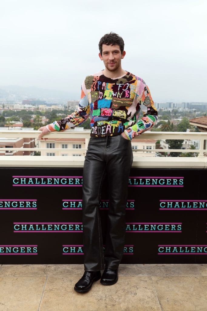 josh oconnor challengers press tour_patchwork shirt and leather pants