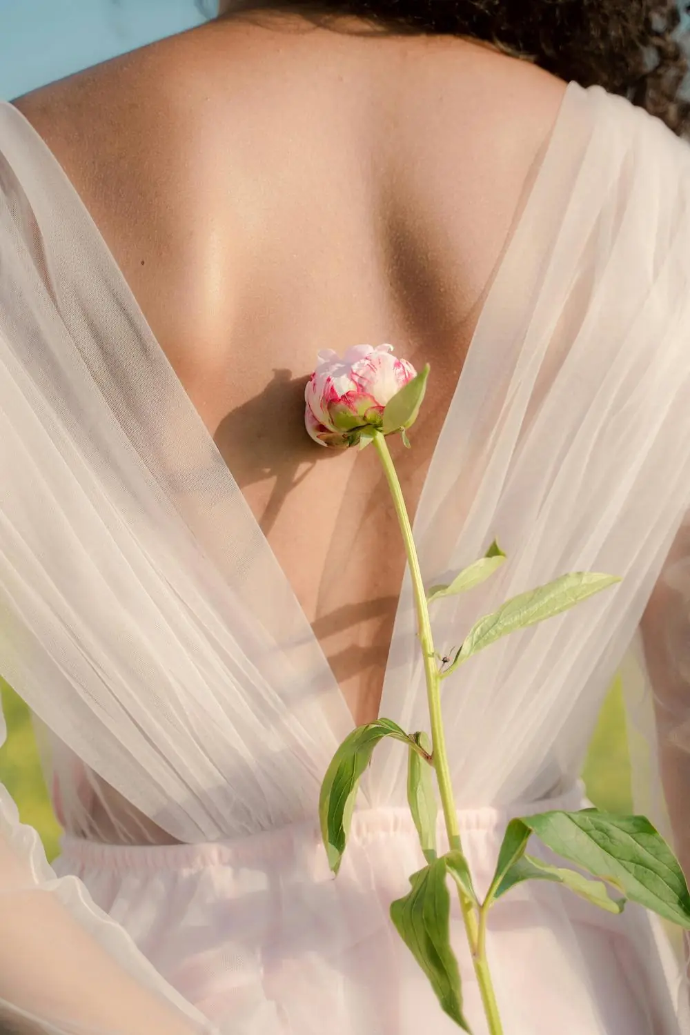 žena u bijeloj haljini bez leđa drži rozu ružu